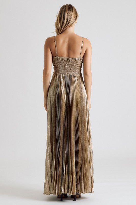 Gold Metallic Pleated Maxi Dress ✨