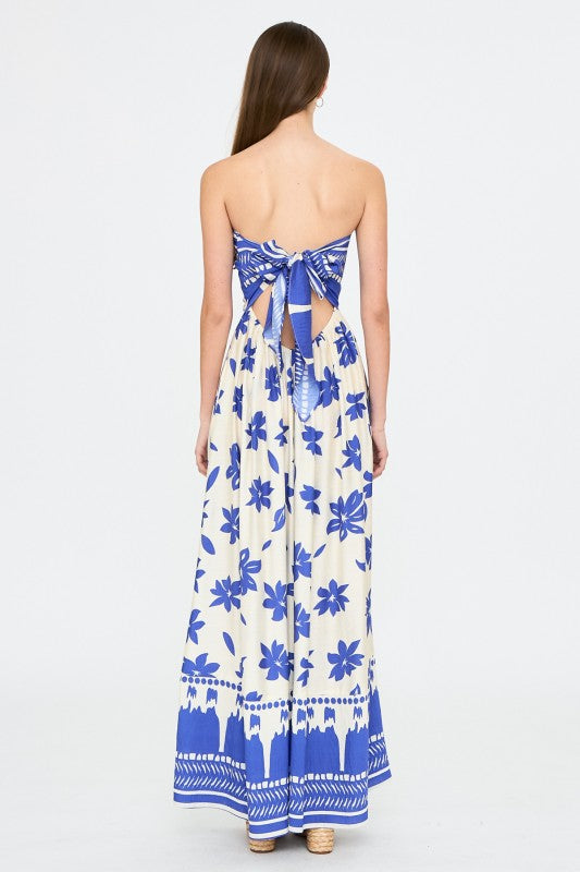 Blue Blossom Strapless Wide-Leg Jumpsuit