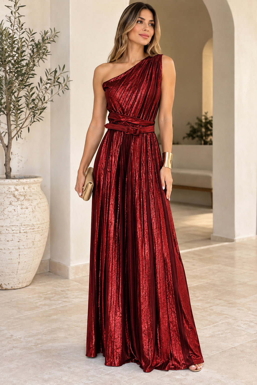 Elegant One-Shoulder Pleated Dress