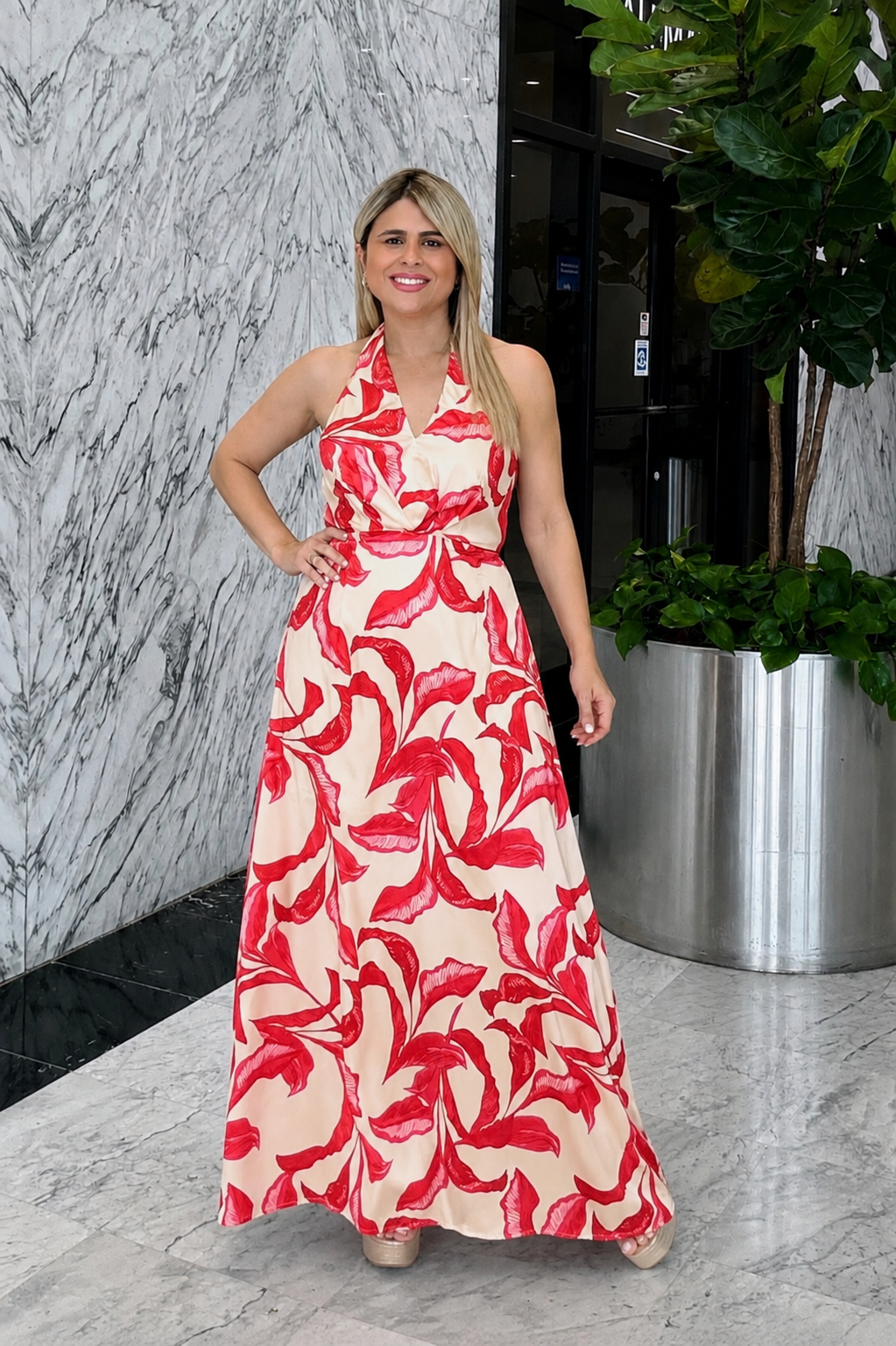 Satin Floral Halter Maxi Dress