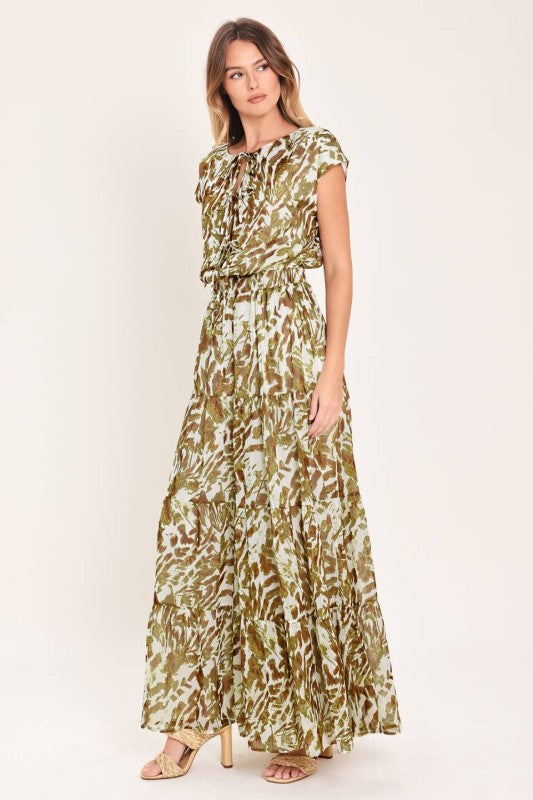Olive Abstract Print Tiered Wide-Leg Jumpsuit