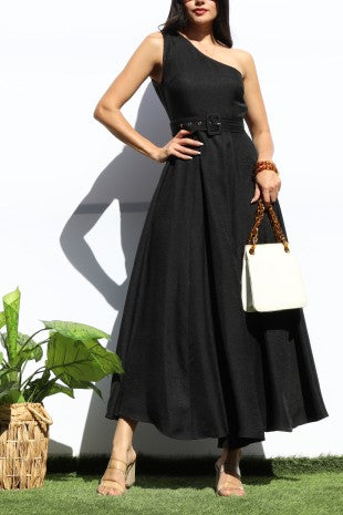 Midnight Elegance One Shoulder Midi Dress