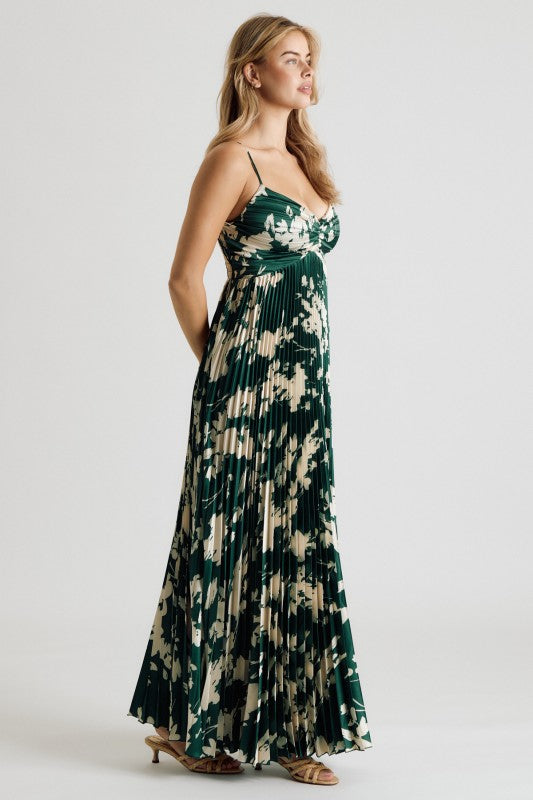 Emerald Bloom Pleated Maxi Dress
