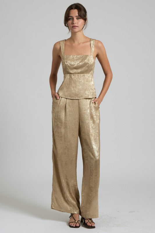 Metallic Gold Wide-Leg Two-Piece Set
