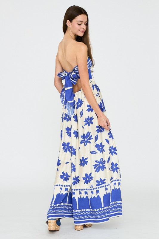 Blue Blossom Strapless Wide-Leg Jumpsuit