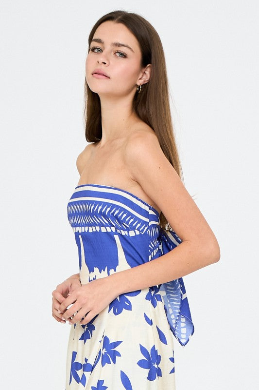 Blue Blossom Strapless Wide-Leg Jumpsuit