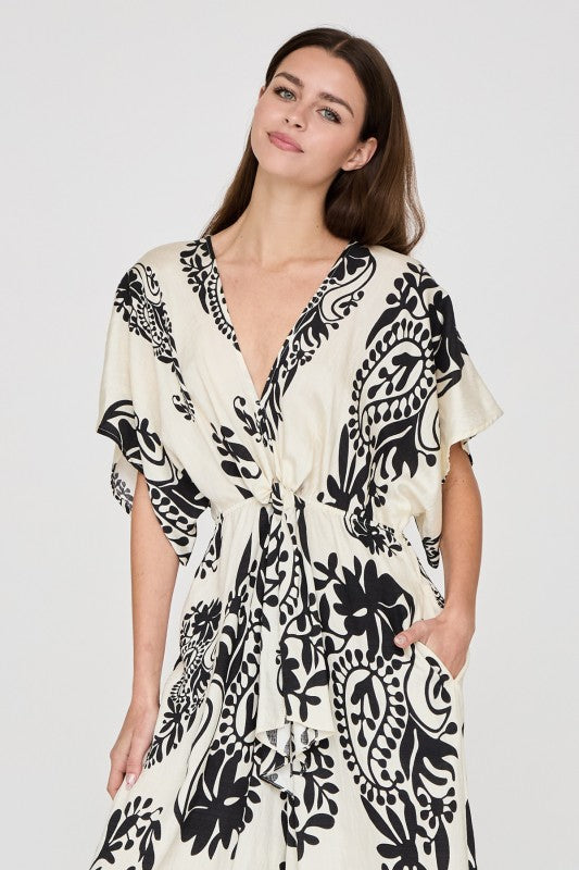 Monochrome Paisley Kimono Jumpsuit