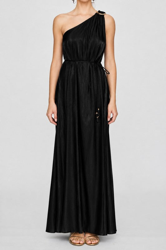 Black One-Shoulder Shimmer Maxi Dress