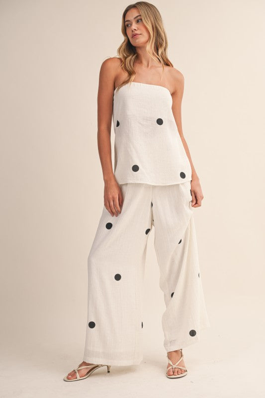 Polka Dot Strapless Pant Set – Off White/Black
