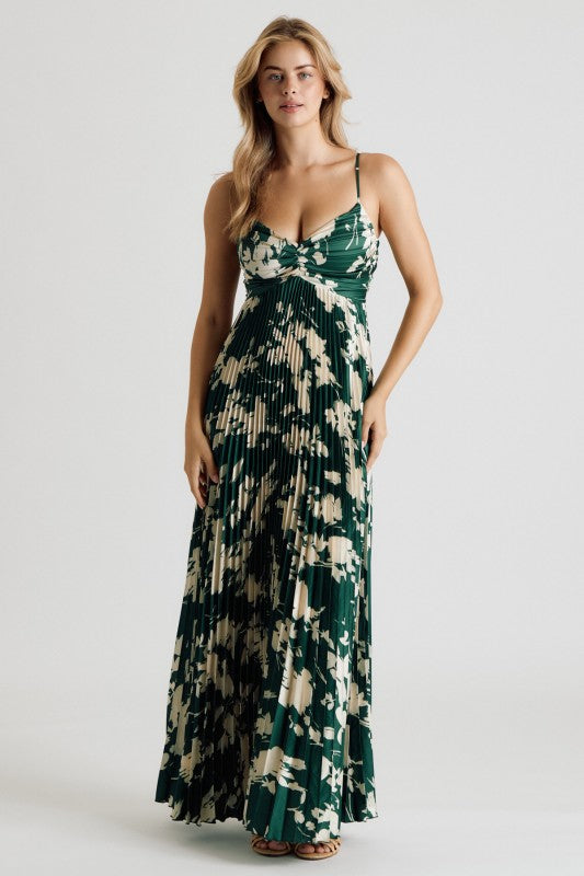 Emerald Bloom Pleated Maxi Dress