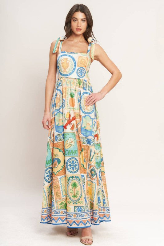 Mediterranean Breeze- Printed Maxi Dress