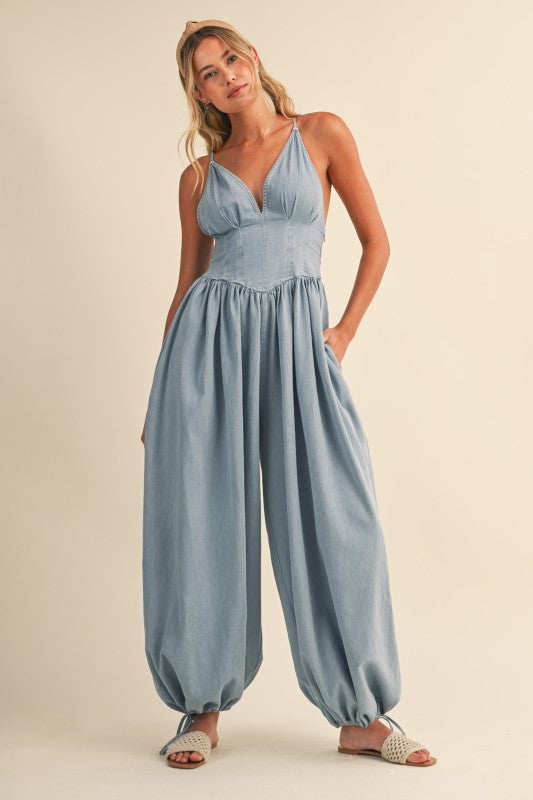 Light Wash Denim Balloon Jumpsuit