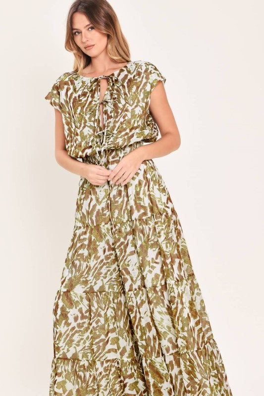 Olive Abstract Print Tiered Wide-Leg Jumpsuit