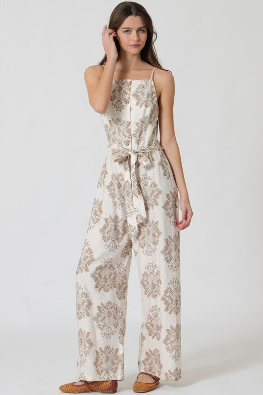 Sand Luxe Damask Wide-Leg Jumpsuit