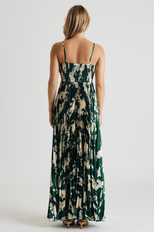 Emerald Bloom Pleated Maxi Dress