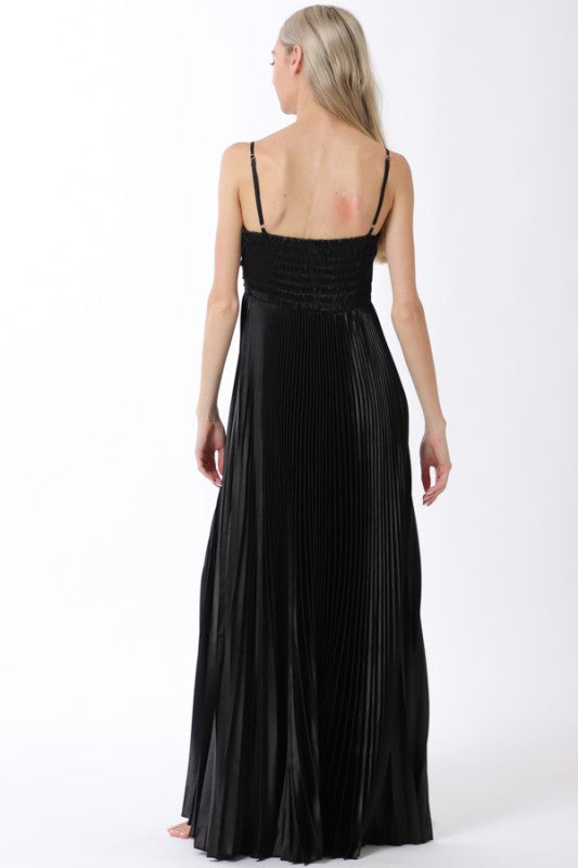 Black Pleated Satin Maxi Dress