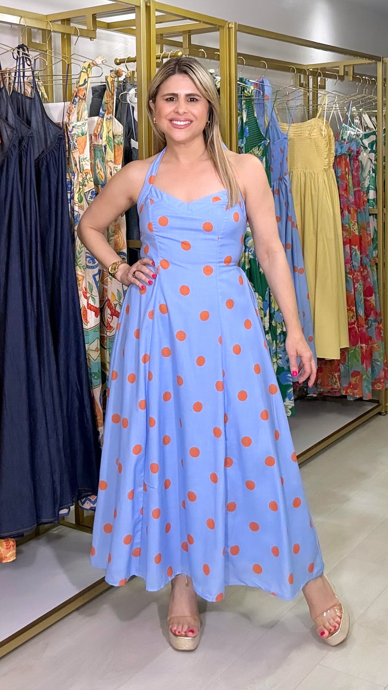 Sky Polkadot Halter Midi Dress