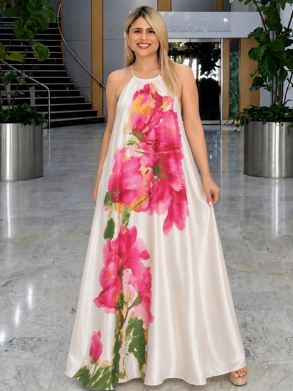 Rosé Bloom Halter Maxi Dress