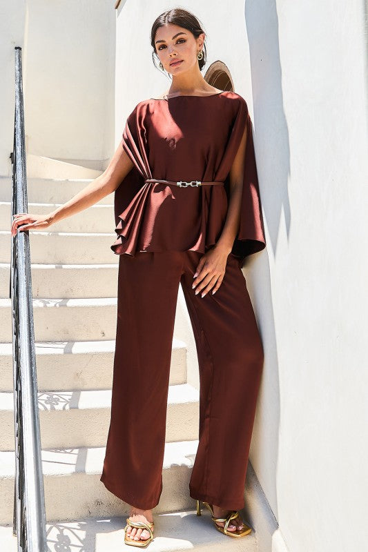 Brown Satin Cape Sleeve Pant Set