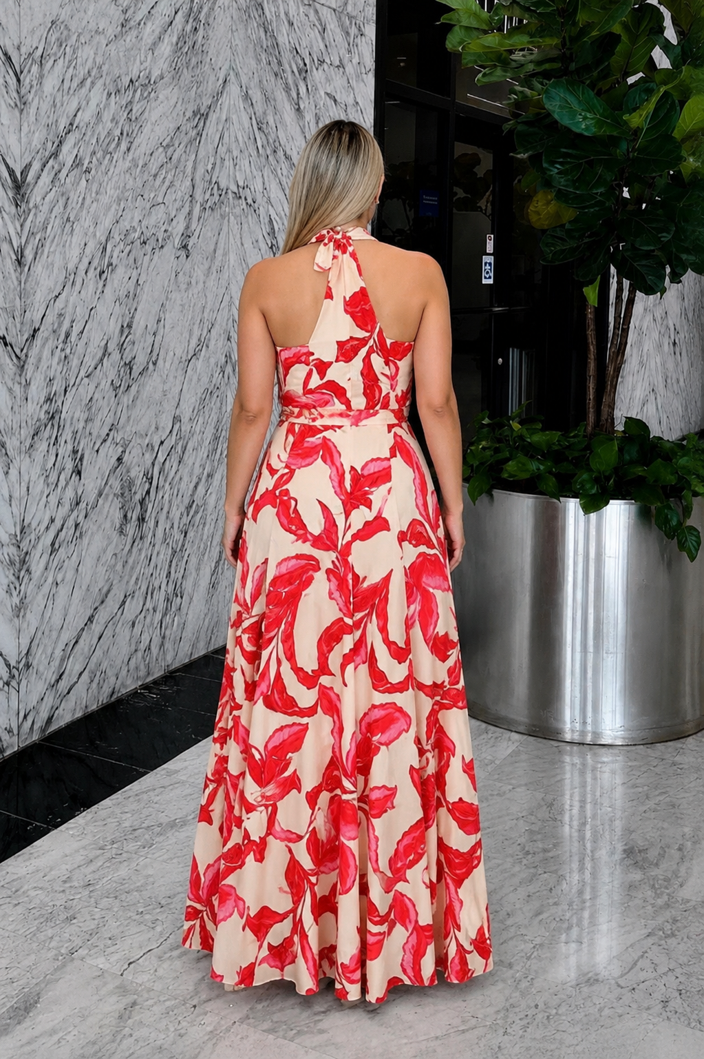 Satin Floral Halter Maxi Dress