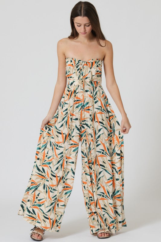 Tropical Print Strapless Jumpsuit