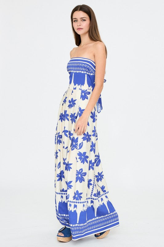 Blue Blossom Strapless Wide-Leg Jumpsuit