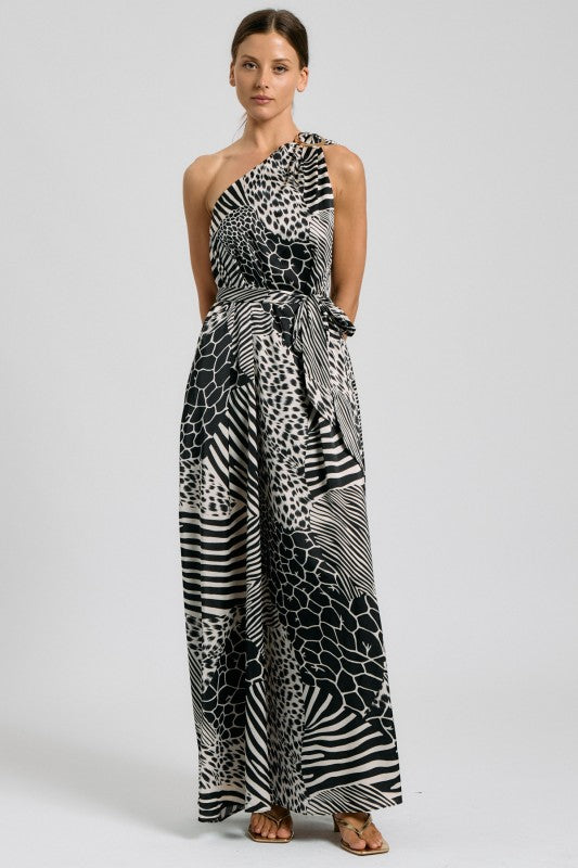 Mixed Animal Print One-Shoulder Maxi Dress