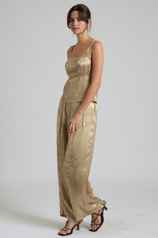 Metallic Gold Wide-Leg Two-Piece Set