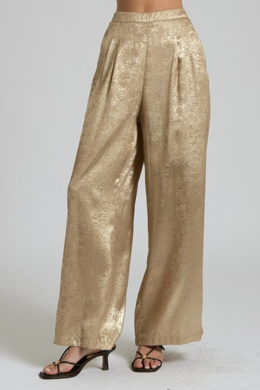 Metallic Gold Wide-Leg Two-Piece Set