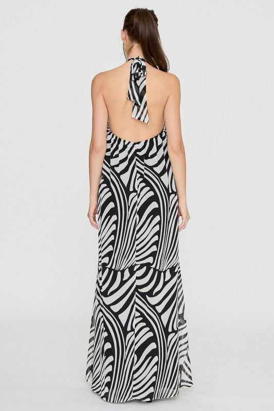 Monochrome Flow Halter Maxi Dress