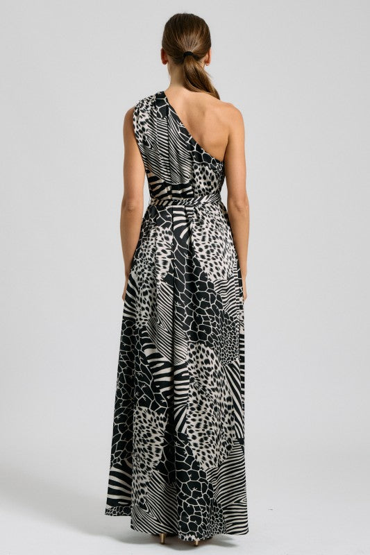 Mixed Animal Print One-Shoulder Maxi Dress