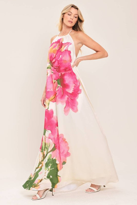 Rosé Bloom Halter Maxi Dress