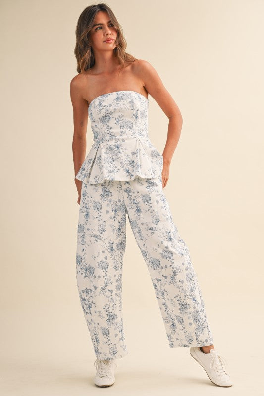 Blue Floral Peplum Pant Set