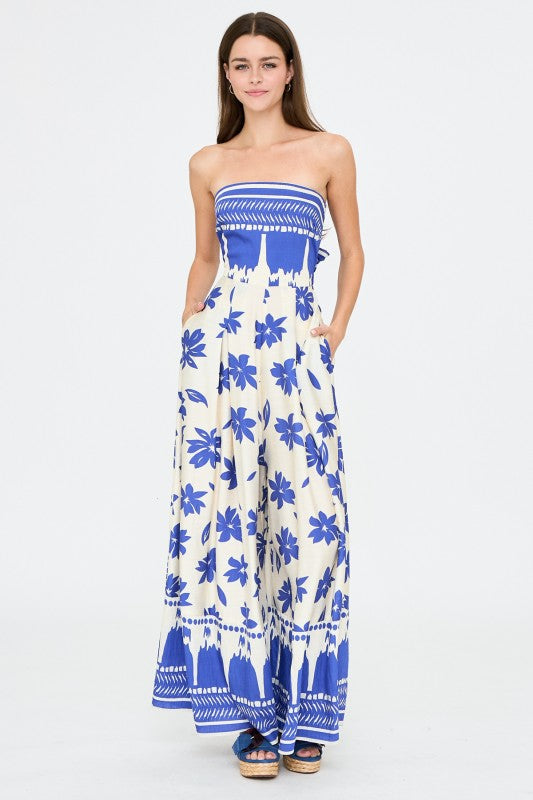 Blue Blossom Strapless Wide-Leg Jumpsuit