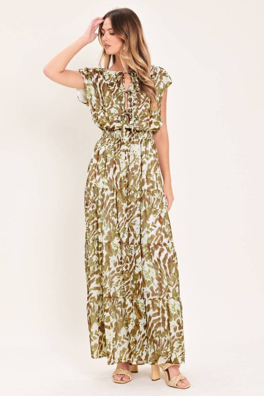 Olive Abstract Print Tiered Wide-Leg Jumpsuit