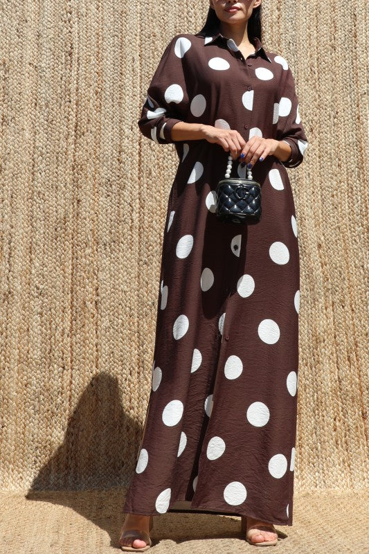 Chocolate Polka Dot Button-Down Maxi Dress