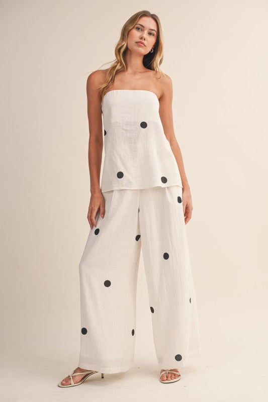 Polka Dot Strapless Pant Set – Off White/Black