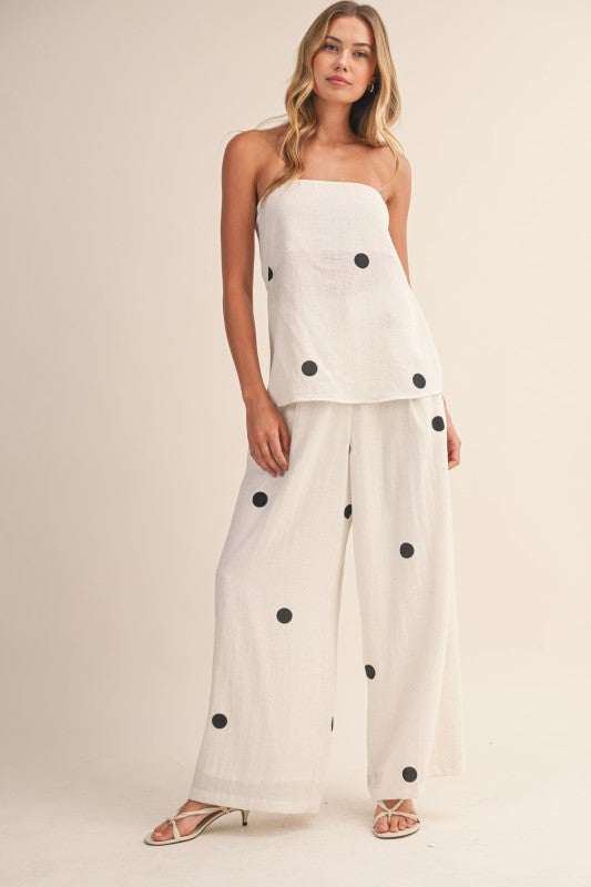 Polka Dot Strapless Pant Set – Off White/Black