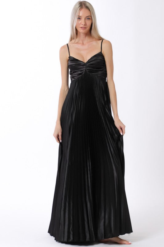 Black Pleated Satin Maxi Dress