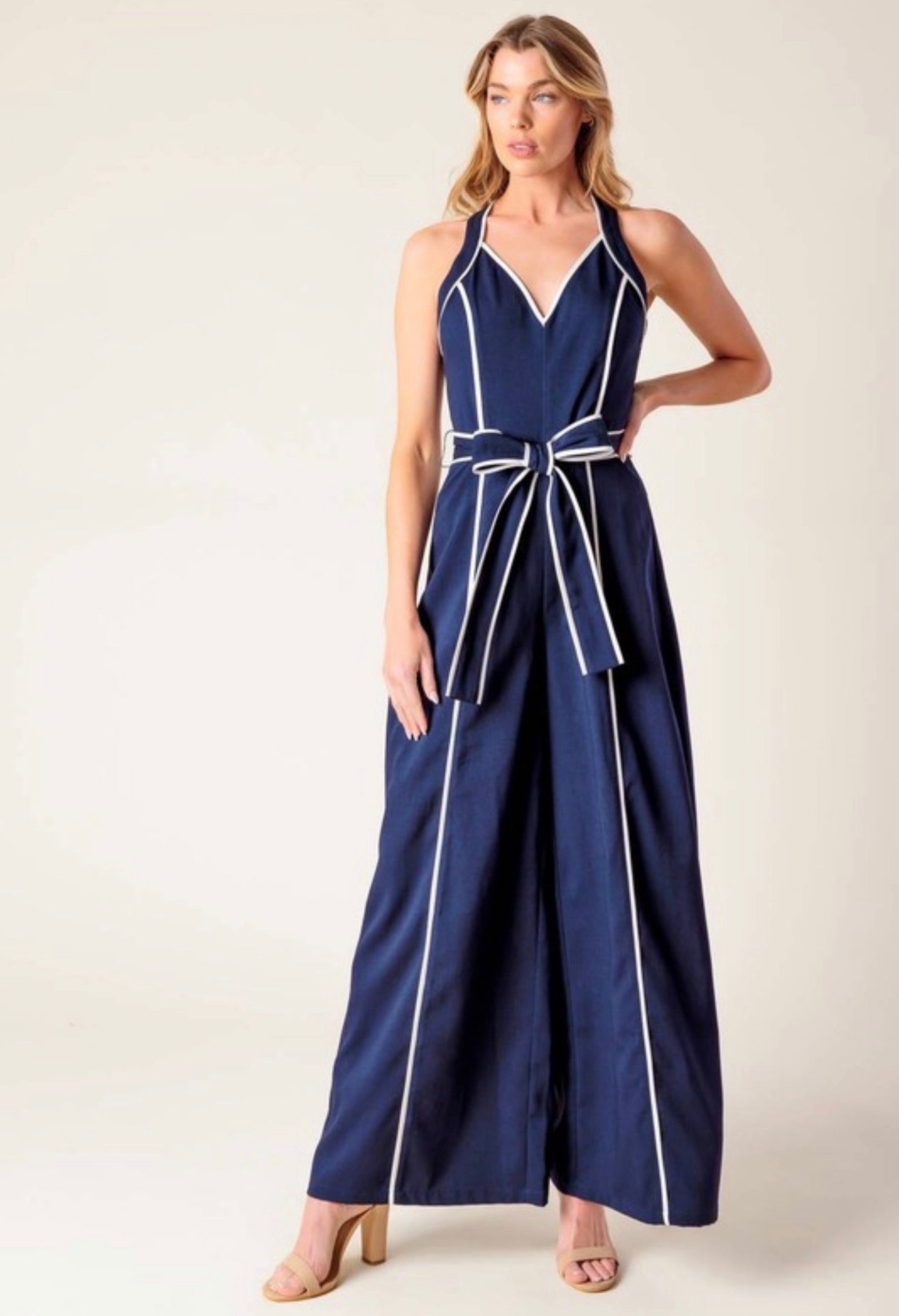 Navy Contrast Trim Wide-Leg Jumpsuit