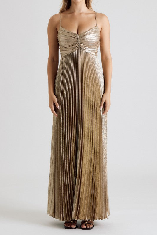 Gold Metallic Pleated Maxi Dress ✨