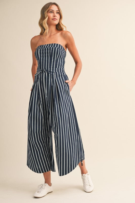 Navy Stripe Strapless Jumpsuit
