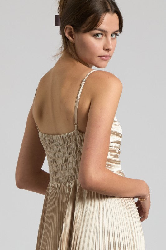 Champagne Pleated Satin Maxi Dress
