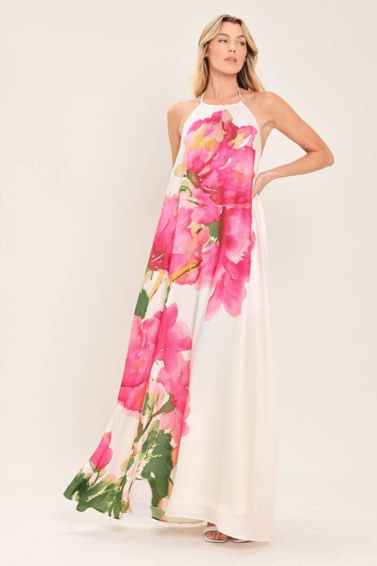 Rosé Bloom Halter Maxi Dress
