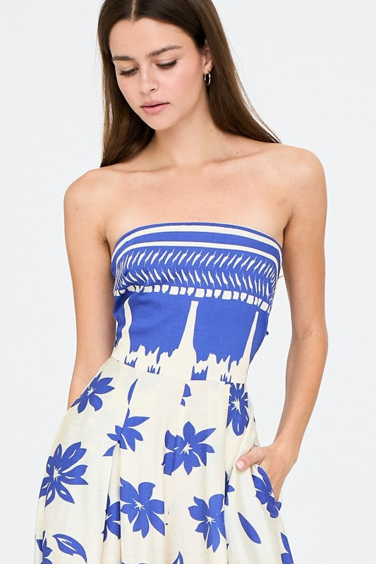 Blue Blossom Strapless Wide-Leg Jumpsuit