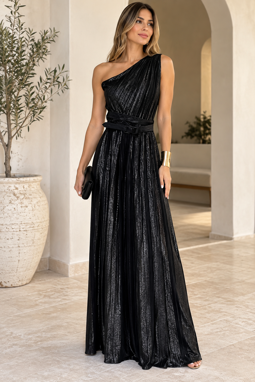 Elegant One-Shoulder Pleated Dress