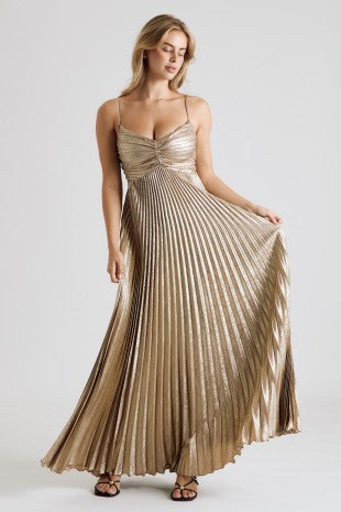 Gold Metallic Pleated Maxi Dress ✨