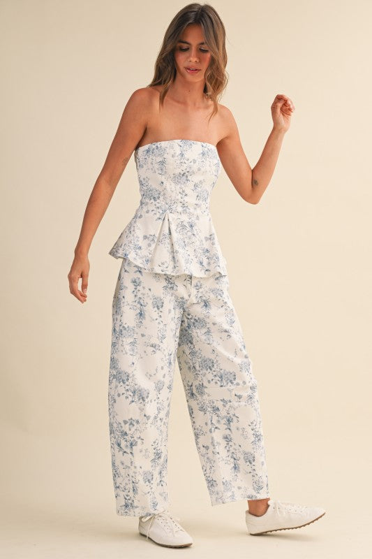 Blue Floral Peplum Pant Set