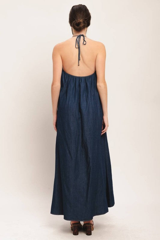 Denim Elegance Halter Dress