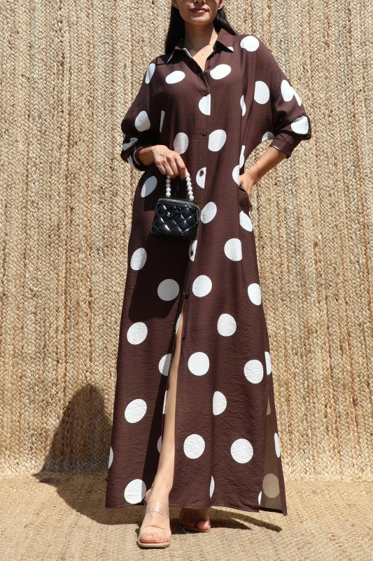 Chocolate Polka Dot Button-Down Maxi Dress